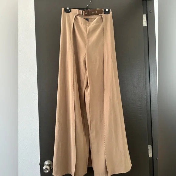 SHEIN High Waist Wide Leg Belted Pants with Skirt Overlay - Tan/Khaki - Size 6 - Picture 3 of 5